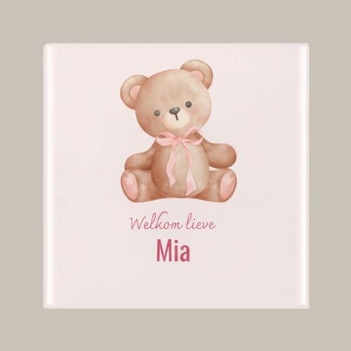 Geboorte tegel: beertje met blauwe of roze achtergrond