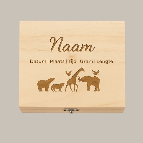 89 Herinnering box met geboorte gegevens en dieren